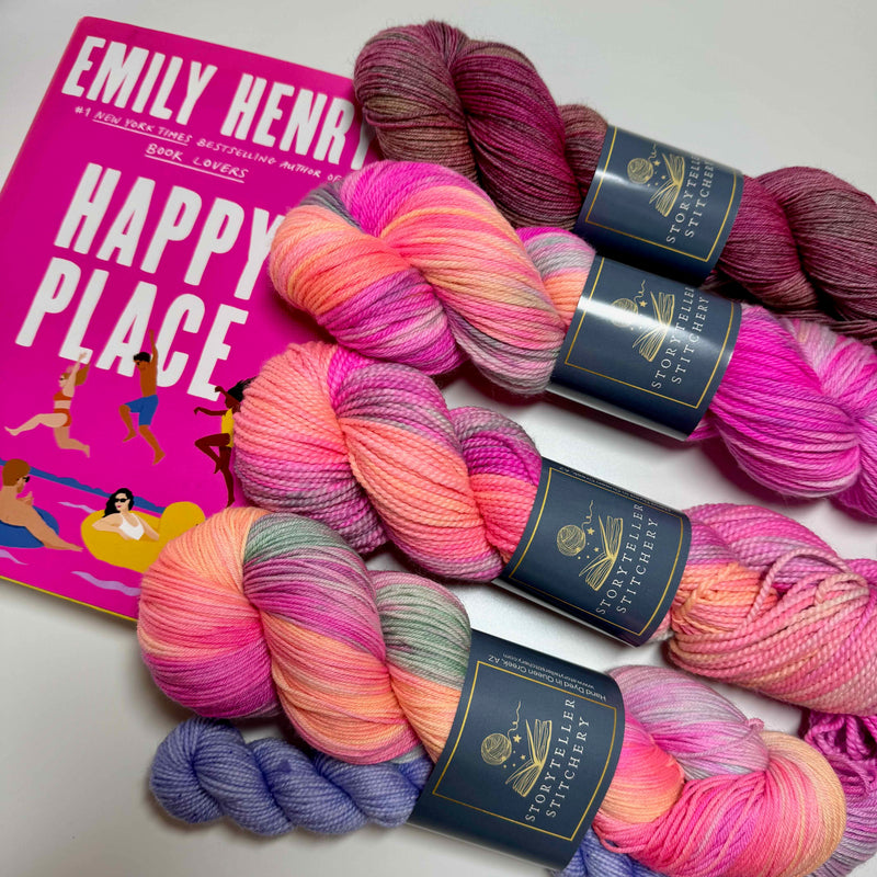 Hand-dyed yarn in bright beachy summer colors, inspired by Happy Place by Emily Henry, shown on multiple yarn bases.
