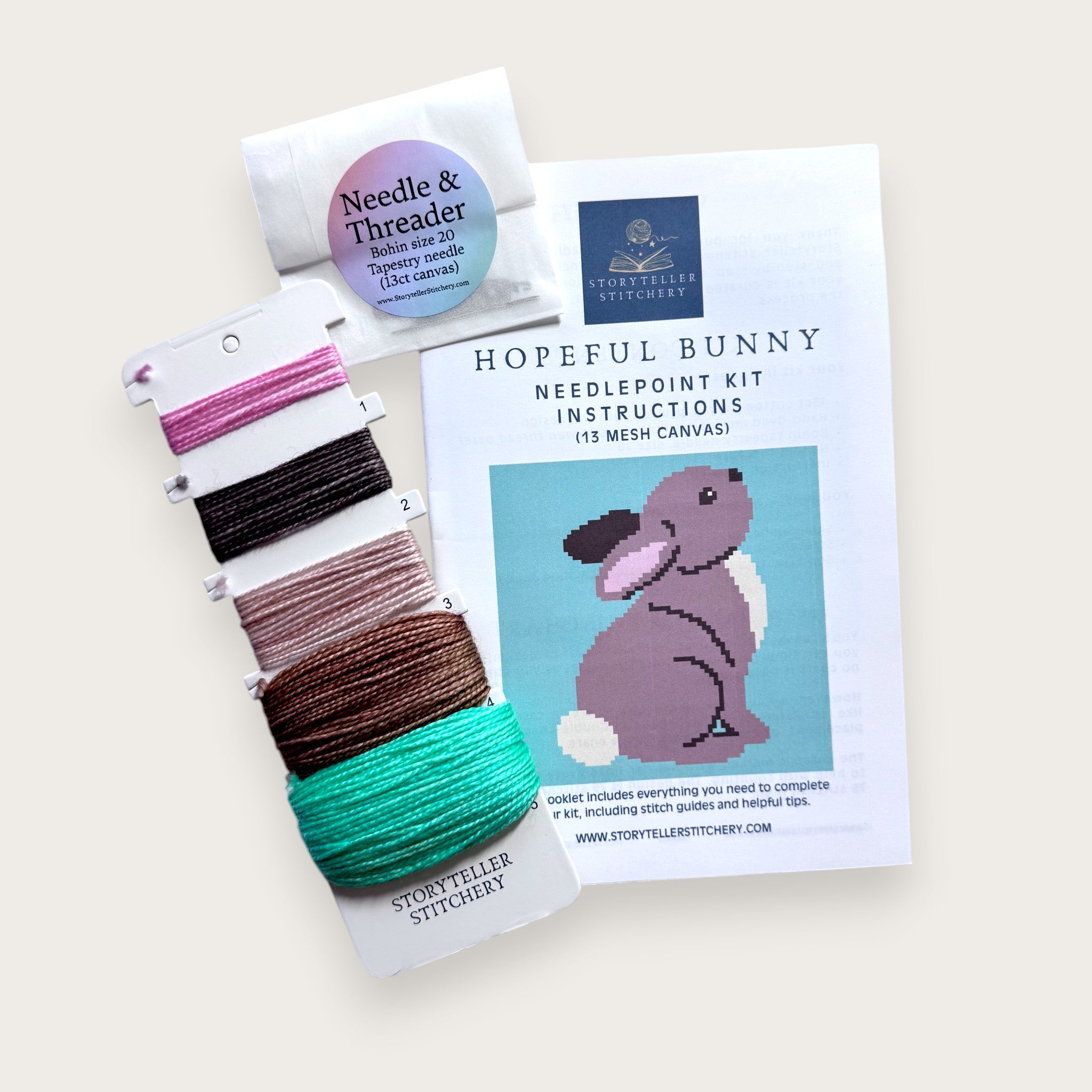 Hopeful Bunny Needlepoint Kit — 13ct Printed Canvas, Hand-Dyed Wool-Silk Thread, 6x6" design