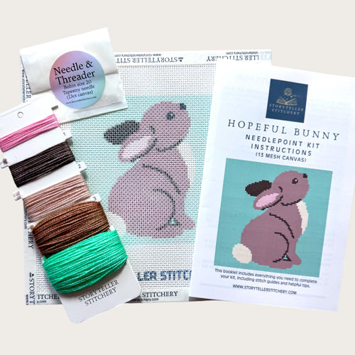 Hopeful Bunny Needlepoint Kit — 13ct Printed Canvas, Hand-Dyed Wool-Silk Thread, 6x6