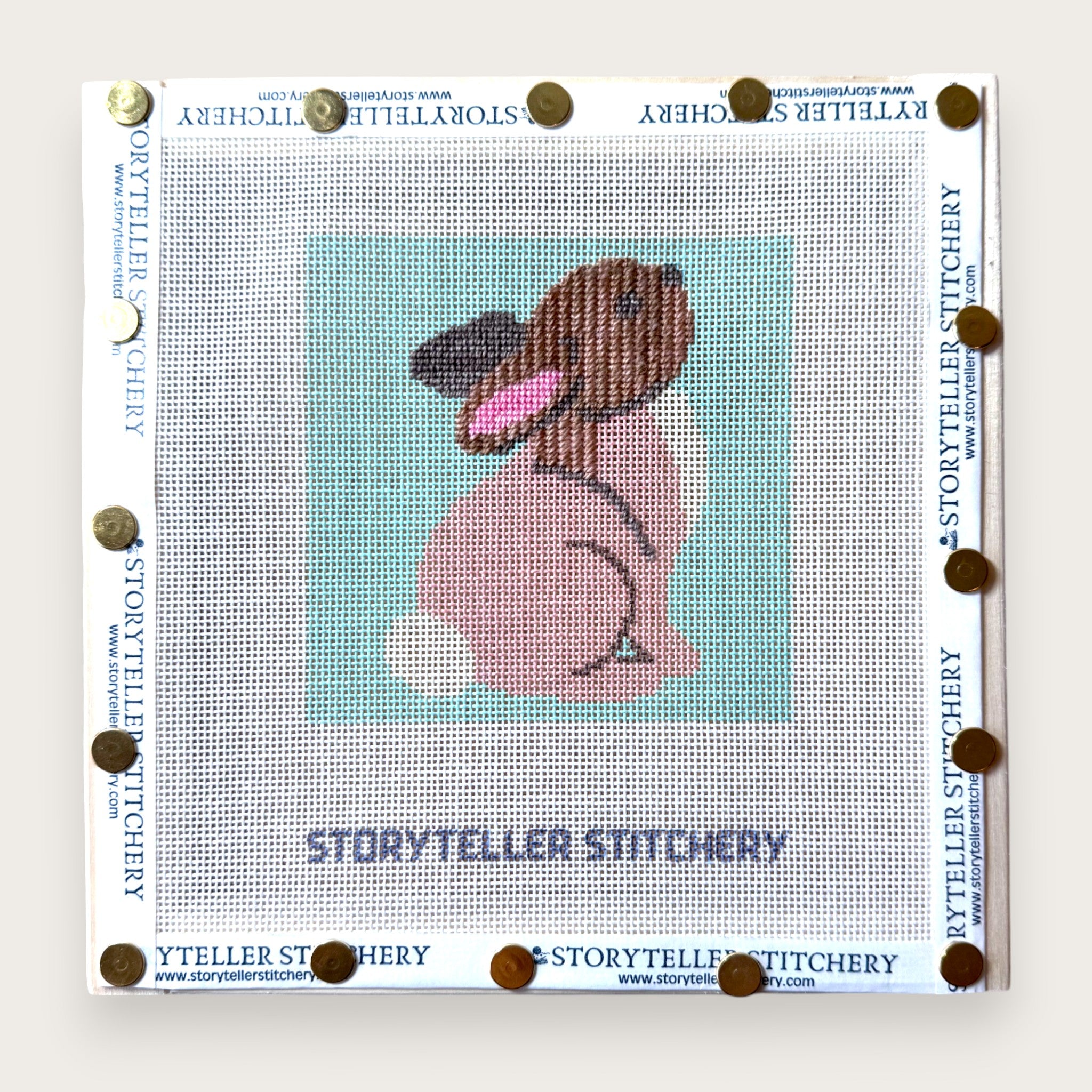 Hopeful Bunny Needlepoint Kit — 13ct Printed Canvas, Hand-Dyed Wool-Silk Thread, 6x6" design
