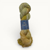 Yarn skein with a label on a white background