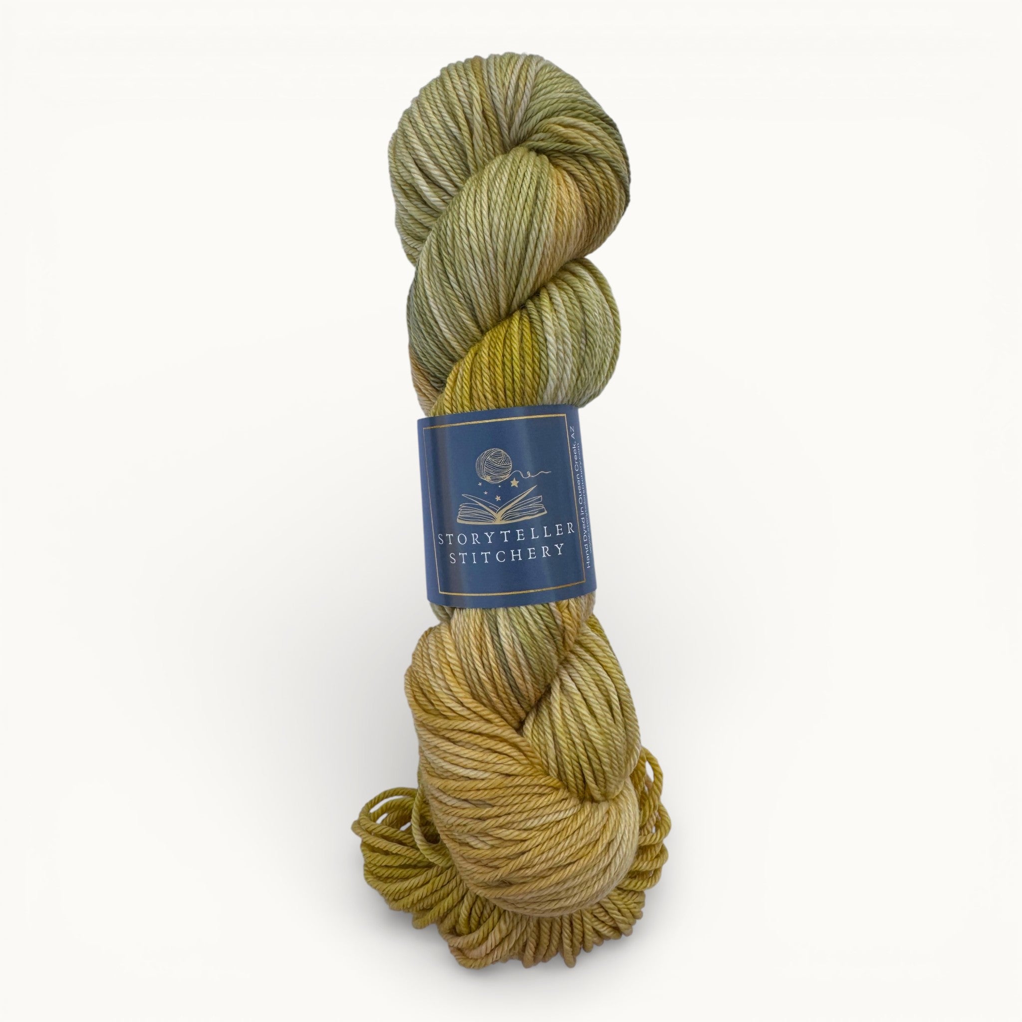 Yarn skein with a label on a white background