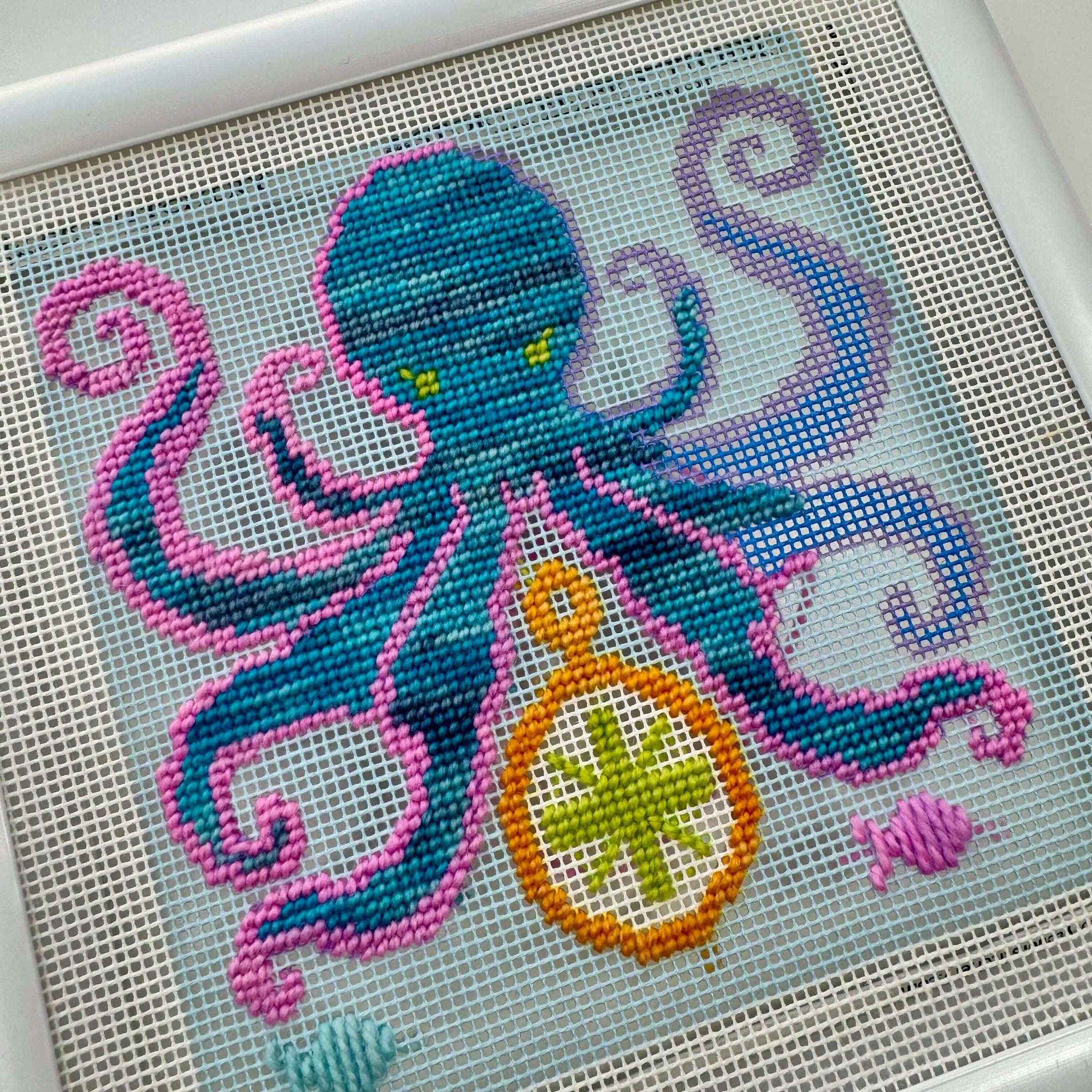 Octopus Needlepoint Kit — 13-ct Printed Canvas, Hand-Dyed Wool-Silk Thread