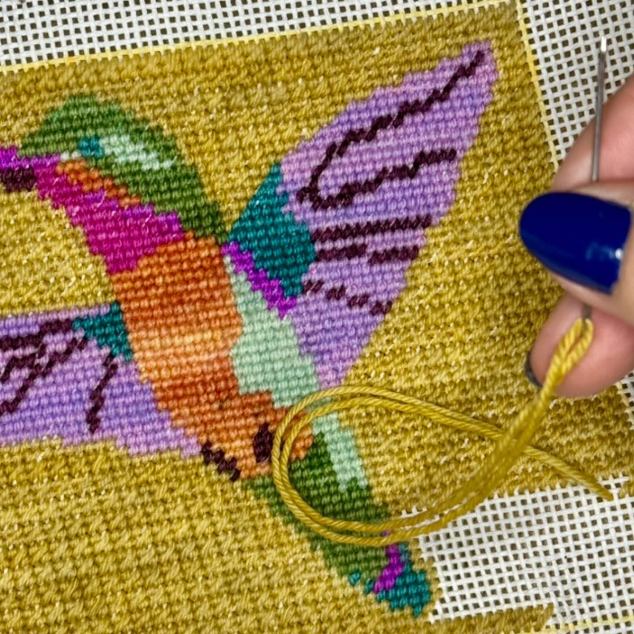 Hummingbird Needlepoint Kit — 13-ct Printed Canvas, Hand-Dyed Wool-Silk Thread